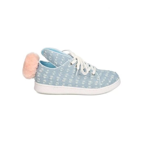 NWT / NIB Qupid blue denim-like bunny ear lace up faux fur pom pom sneakers - Picture 3 of 14
